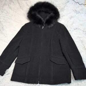 Mackintosh Jacket Womens L Black Hooded Coat Wool Blend Fox Fur Trim Comfort